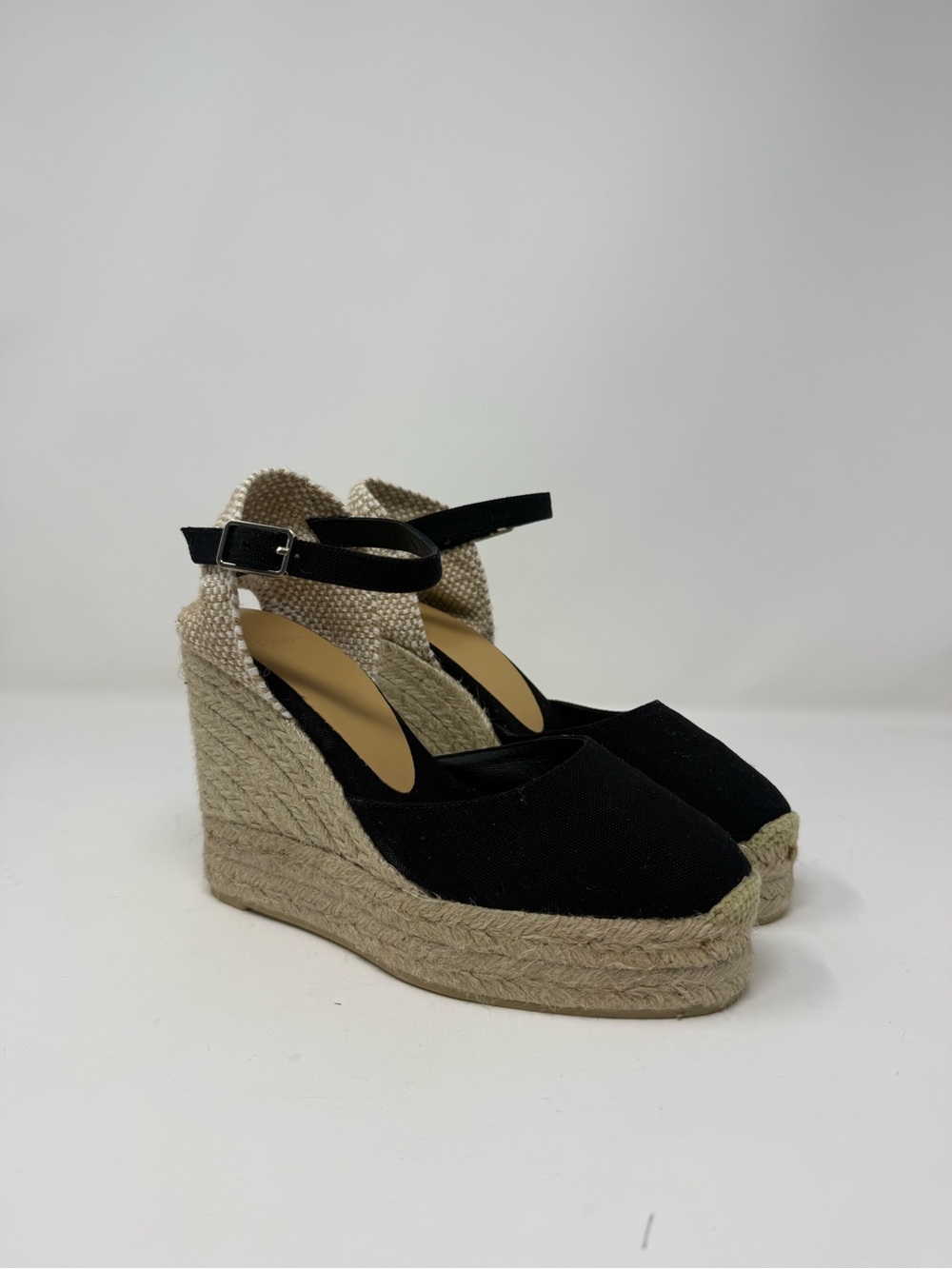 Castaner Black Canvas Espadrille Wedge Sandals with Ankle Strap
